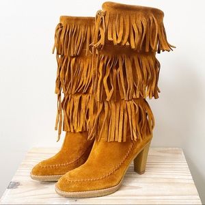Michael Kors Brown Leather Tiered Fringe Boots